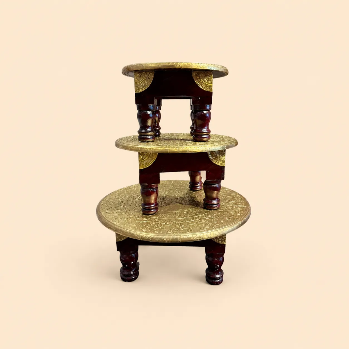The Wooden Round Bajot S/3 with Brass Embossed Tops