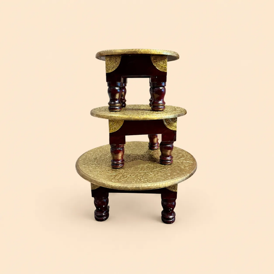 The Wooden Round Bajot S/3 with Brass Embossed Tops