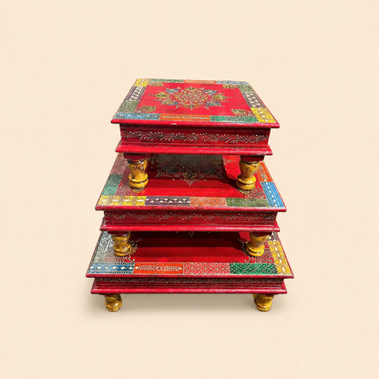 The Wooden Hand Painted Red Square Bajot S/3