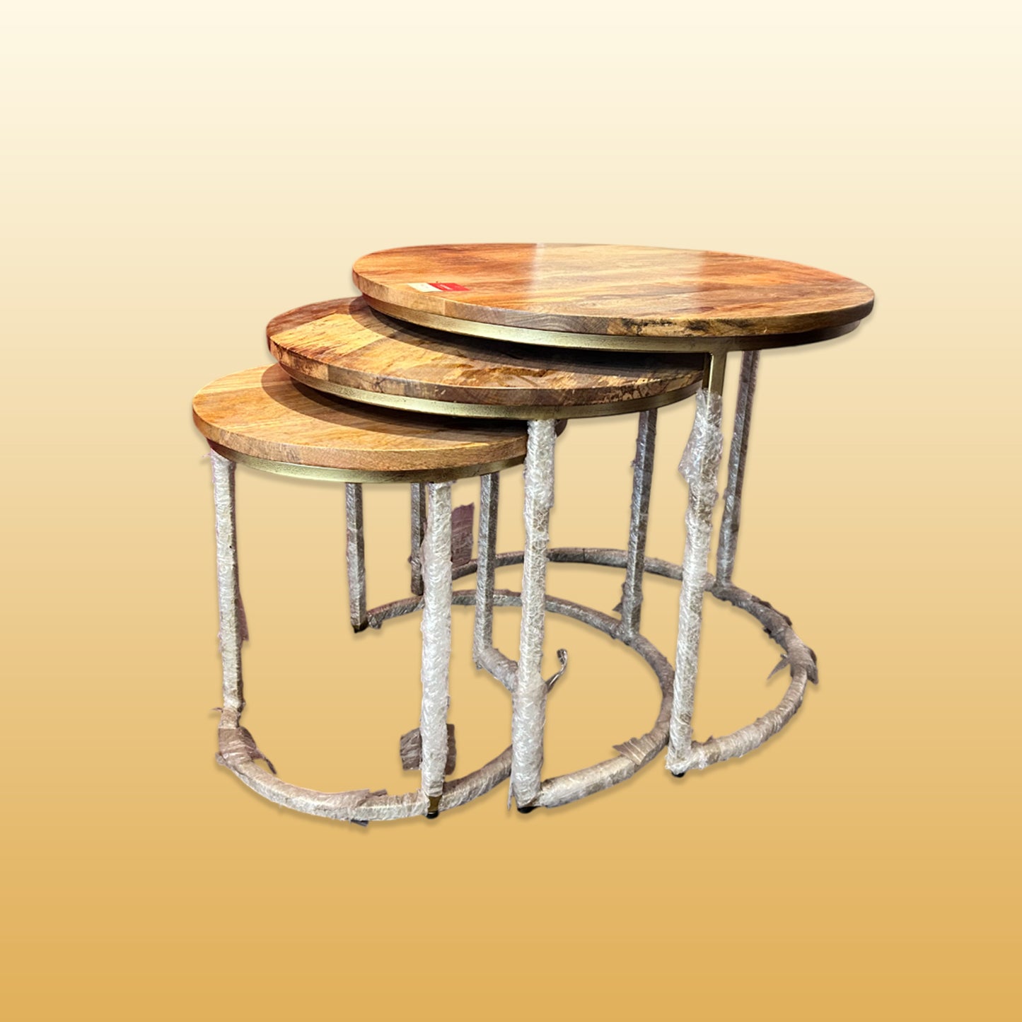 Set of 3 Iron Rounded Pipe Table With Wooden Top