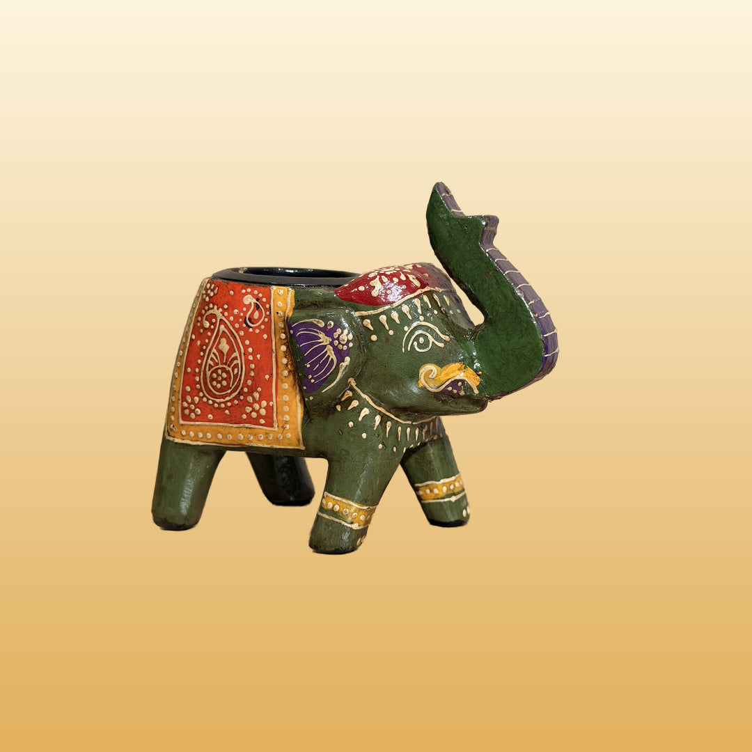 The Set of 3 Wooden painted Small Elephants with T-Lite