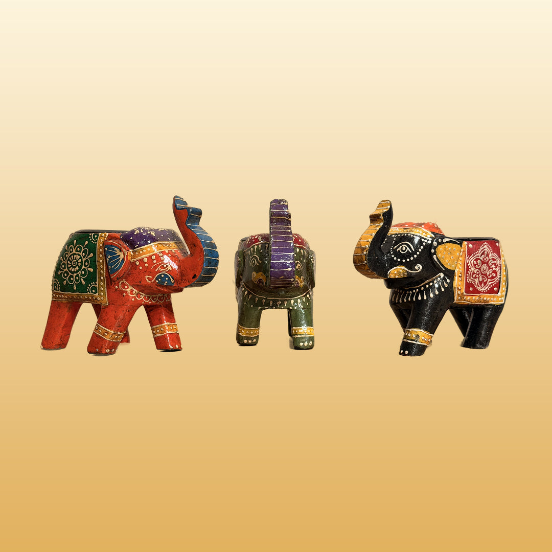 The Set of 3 Wooden painted Small Elephants with T-Lite