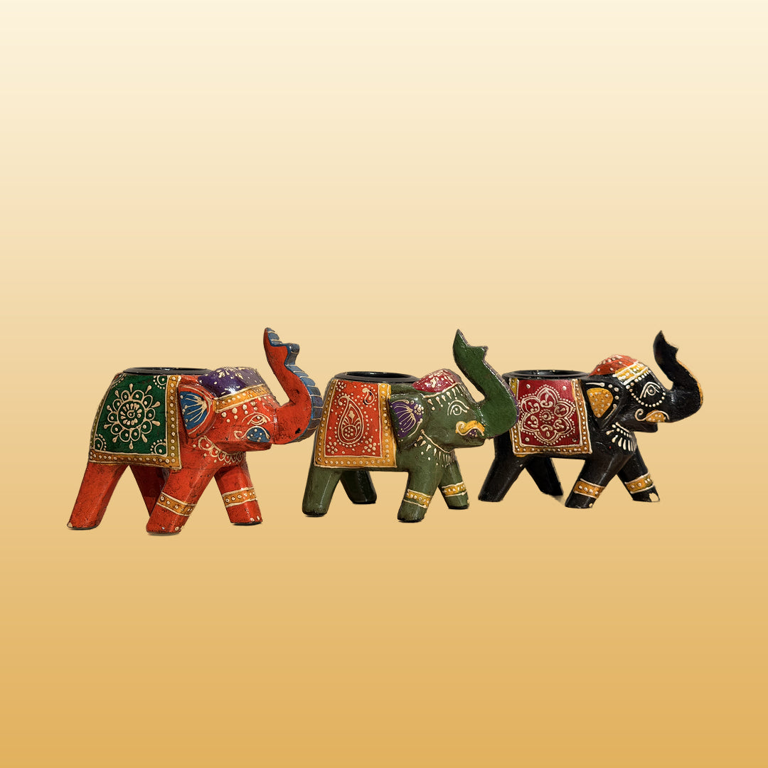 The Set of 3 Wooden painted Small Elephants with T-Lite