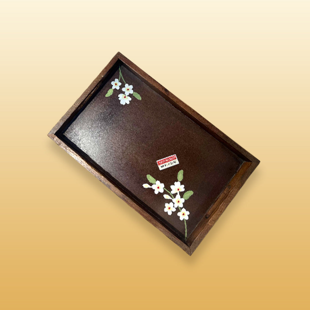 A Set of Floral Painted Wooden Tray with Wooden Bowl