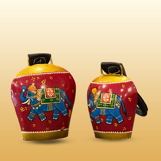 Set of 2 Iron Cow Bell Elephant Painted