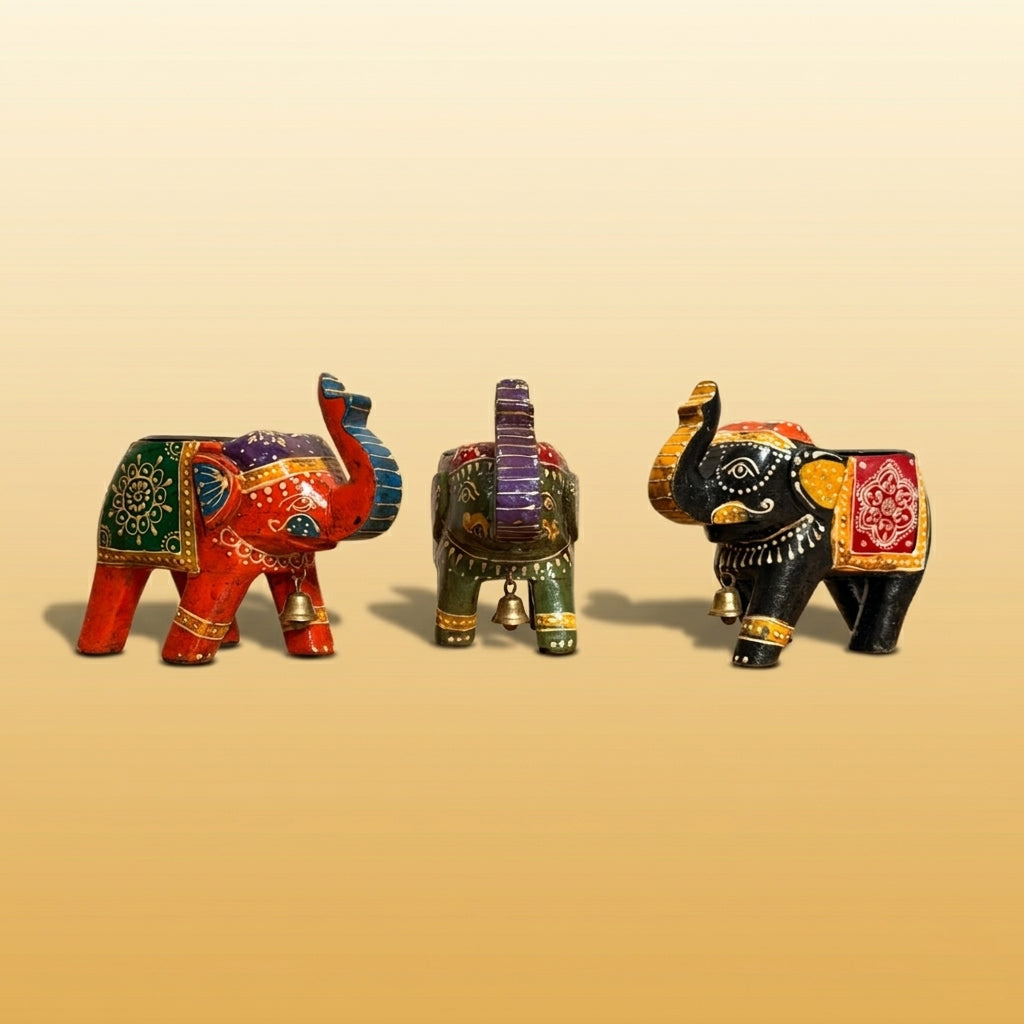 The Set of 3 Wooden painted Small Elephants with T-Lite