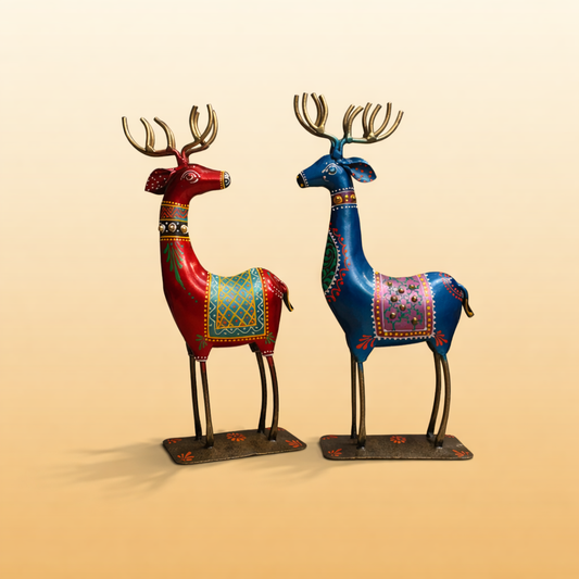 Set of 2 Handpainted Vibrant Small Iron Deer Figurines