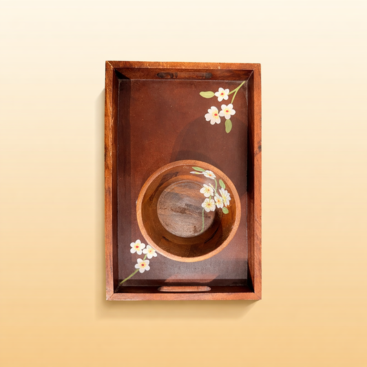 A Set of Floral Painted Wooden Tray with Wooden Bowl