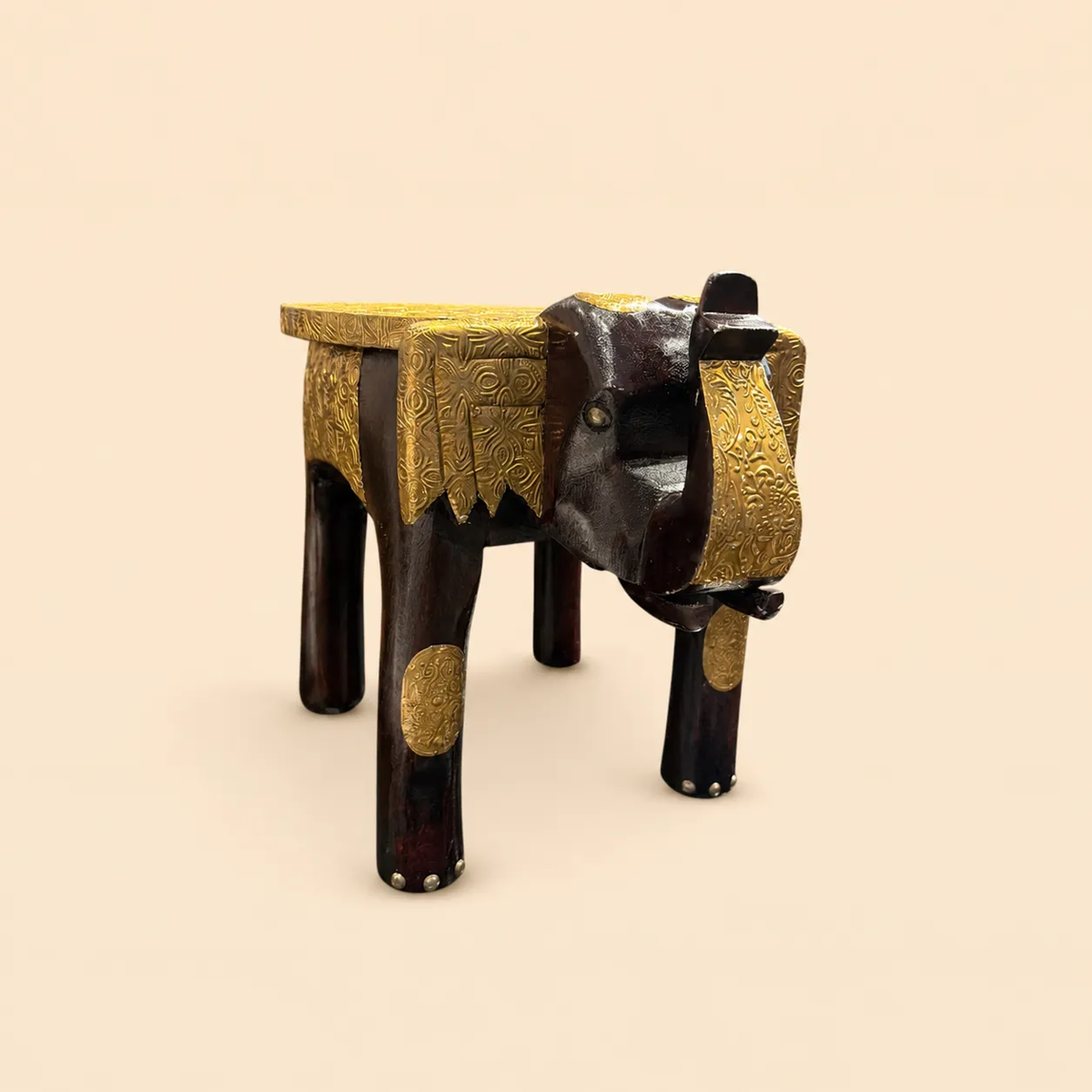The 12" Wooden Elephant Stool with Brass Embossed Top