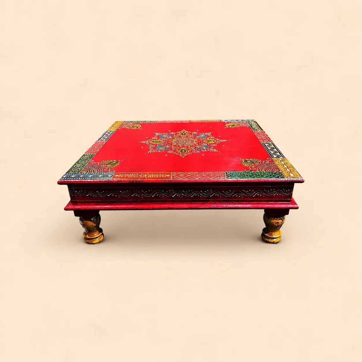 The Wooden Hand Painted Red Square Bajot S/3