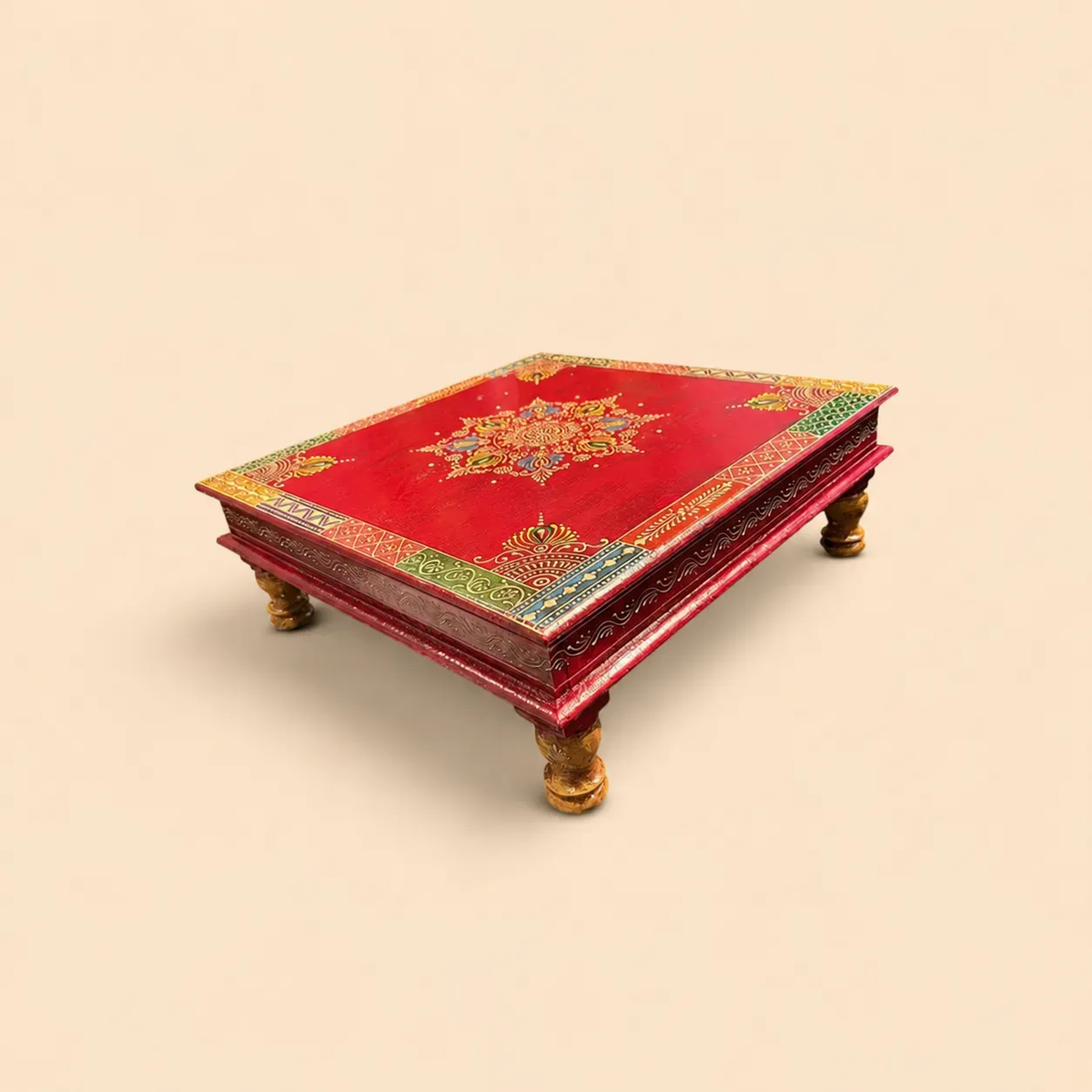 The Wooden Hand Painted Red Square Bajot S/3